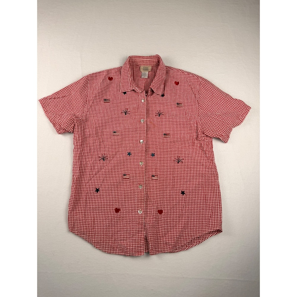 Vintage Teddi Red Gingham Americana Embroidered Flag Firework Shirt Womens Large